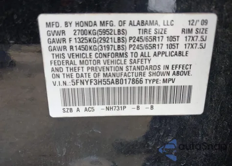 2010 Honda Pilot Ex-L from USA, damaged, VIN 5FNYF3H55AB017866